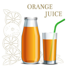Realistic orange juice in a jar and a glass with a straw on the background of a sketch of fruit for design menu