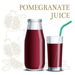 Realistic pomegranate juice in a jar and a glass with a straw on the background of a sketch of fruit for design menu