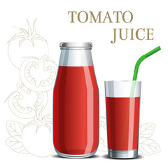 Realistic tomato juice in a jar and a glass with a straw on the background of a sketch of fruit for design menu