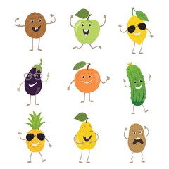 Funny fruits and vegetables with hands kicking eyes and emotions set