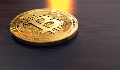 Bitcoin in close-up shot with flames reflection on the background and copy space beneath it. The decline of Bitcoin concept. 3D rendering