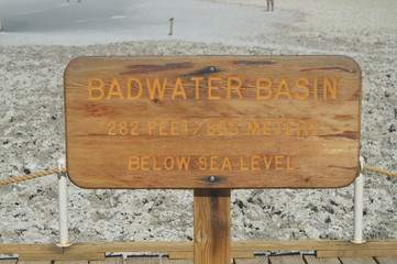 Sign Bad Water Basin. The Lowest Place Below The Sea Level. Gigantic Salt Lagoons. Travel holydays Geology. June 28, 2018. Death Valley California. EEUU. USA.