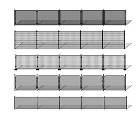 Various metal wire and chain-link fence silhouettes with shadows. Horizontally seamless modular metal mesh like fencing design elements. Vector pattern brushes with ending tiles included.