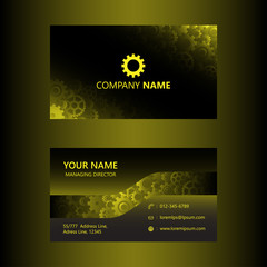 Dark yellow business card template gears background, engineer and mechanical concept, visiting card vector illustration