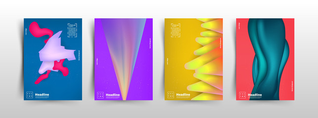 Realistic vector abstract forms. Bright 3D design. Fluid and holographic film. Ultraviolet color trend. Cover, album, poster design.