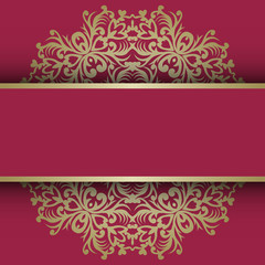 Greeting card with vintage gold ornament and place for text. Signboard name. Vector illustration. Romantic wedding invitation. Good for design in business.