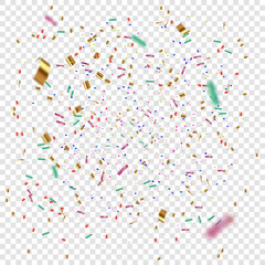 Golden and colorful Confetti on a transparent background. Vector illustration of flying confetti.