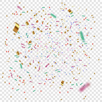 Golden and colorful Confetti on a transparent background. Vector illustration of flying confetti.