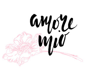 Amore mio. Valentines day calligraphy card. Hand drawn design elements. Handwritten modern brush lettering.