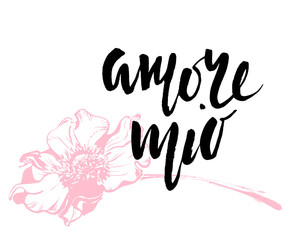 Amore mio. Valentines day calligraphy card. Hand drawn design elements. Handwritten modern brush lettering.
