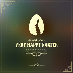 greeting card with egg, rabbit and happy easter text