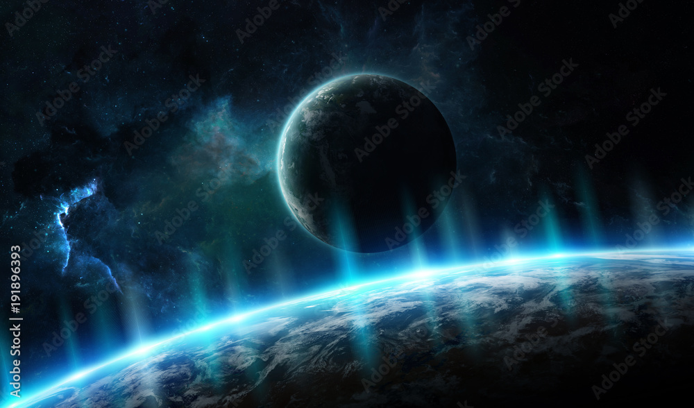 Poster Distant planet system in space with exoplanets 3D rendering elements of this image furnished by NASA