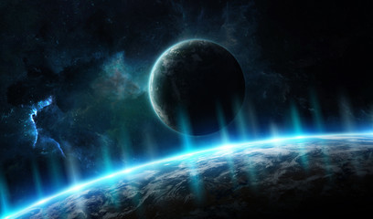 Fototapeta na wymiar Distant planet system in space with exoplanets 3D rendering elements of this image furnished by NASA