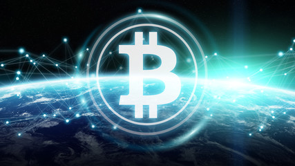 Bitcoins exchanges on planet Earth 3D rendering