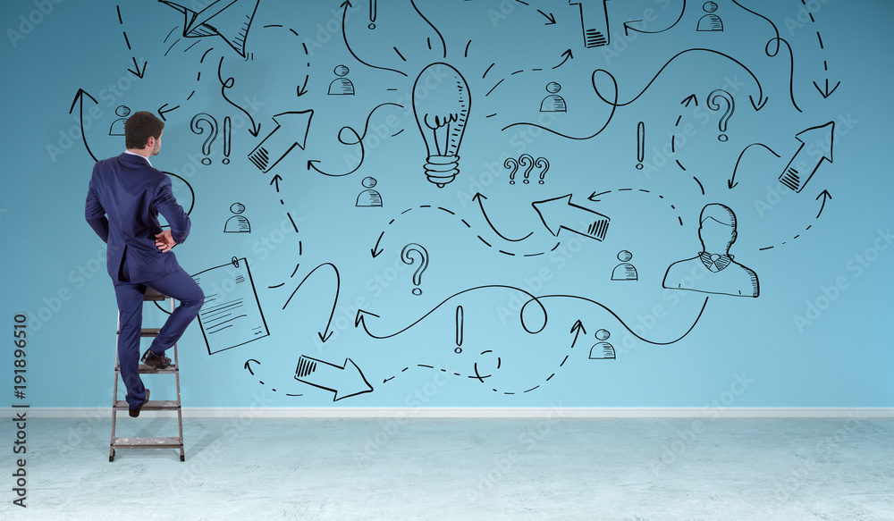 Aufkleber businessman watching a project sketch on a wall 3d rendering