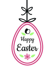 happy easter text sign on hanging easter egg with flower and ribbon bow decoration red and black outline vintage style greeting card on white background