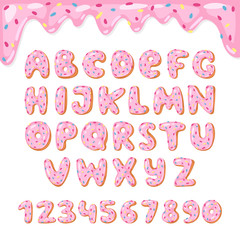 Alphabet donut vector kids alphabetical doughnuts font ABC with pink letters and glazed numbers with icing or sweet alphabetic typography for happy birthday illustration isolated on white background - 191896980