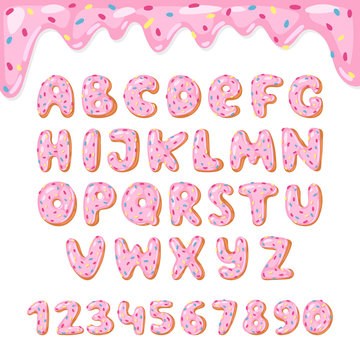 Alphabet donut vector kids alphabetical doughnuts font ABC with pink letters and glazed numbers with icing or sweet alphabetic typography for happy birthday illustration isolated on white background