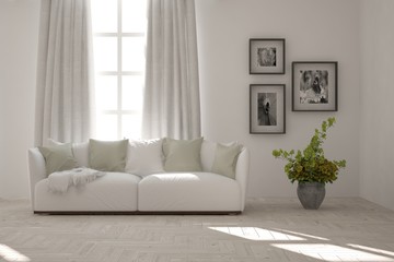 Idea of white minimalist room with sofa. Scandinavian interior design. 3D illustration