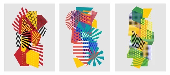 Fotobehang Kleurrijke trendy geometrische platte elementen van patroon memphis. Popart stijl textuur. Moderne abstracte ontwerpposter en voorbladsjabloon © sirintra