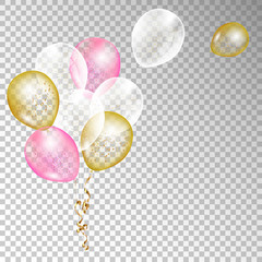 Vector golden, pink and white balloons with ribbons on a transparent background
