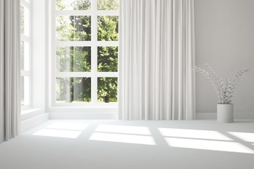 White empty room with summer landscape in window. Scandinavian interior design. 3D illustration