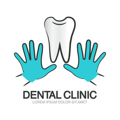 Fototapeta premium Dental clinic logo template. Doctor's hands and tooth symbol