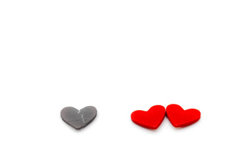 Two red couple heart and dark broken heart isolated on white background, bad valentine concept.