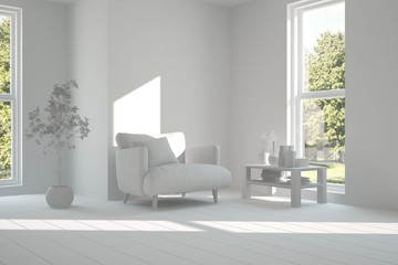 Idea of white room with armchair and summer landscape in window. Scandinavian interior design. 3D illustration