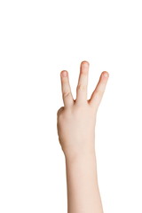 Kid hand shows number three on white background