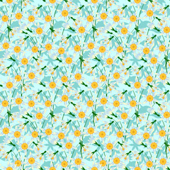 seamless pattern with spring flowers, blooming daffodils on blue background, vector illustration