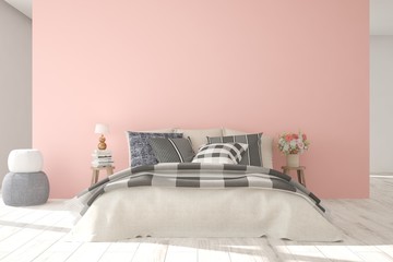 Idea of pink minimalist bedroom. Scandinavian interior design. 3D illustration