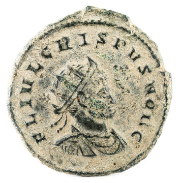 Ancient Roman copper coin of Emperor Crispus. Obverse.