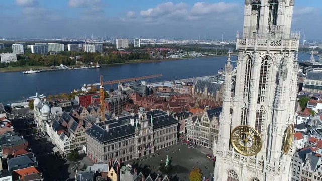 Aerial of Belgium Antwerp Cathedral of Our Lady in Dutch Onze Lieve Vrouwekathedraal and in background showing Great Market Square situated in old city quarter also in background showing Scheldt River