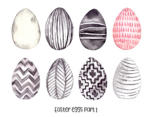 Watercolor illustrations. Spring eggs collection with trendy geometric design. Happy Easter! Sketch. Perfect for invitations, greeting cards, posters, prints, packing etc