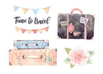 Watercolor illustration - Let's go travel. Fashion suitcases with stickers, flower, Lettering, garland with flags. Trip to World. Perfect for invitations, greeting cards, prints, flyers, posters etc