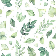 Spring watercolor seamless pattern. Botanical background with green leaves, branches and herbs. Perfect for wedding invitations, textiles, fabric,  prints, packing etc