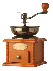 Vintage manual coffee grinder in brown wooden body