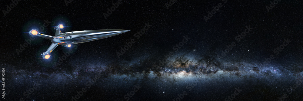 Wall mural spaceship in front of the milky way galaxy