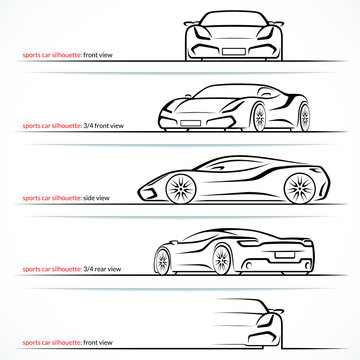Modern super car, sports car vector silhouettes, outlines, contours isolated on white background. Front, rear and side views.