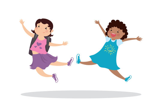Happy caucasian and african american girls in a jump,enjoying schoolgirls
