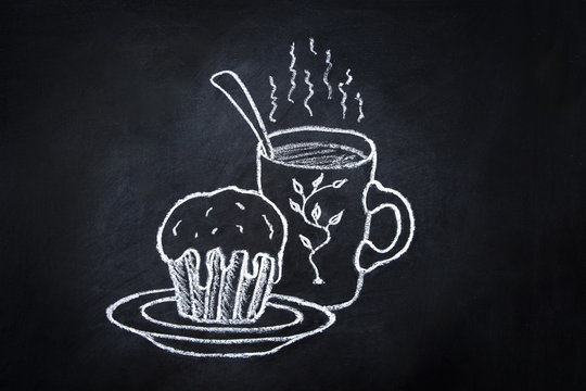Cupcake with Icing on Plate Mug of Hot Piping Coffee Tea.Freehand Chalk Crayon Drawing on Blackboard.Sketch Doodle Style Food Poster Banner Template