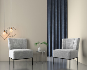 Mock up interior background with velvet armchairs, scandinavian style, 3d render