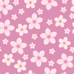 Seamless pattern of pink cherry blossom. Vector illustration of sakura background. Spring flowers in flat style.