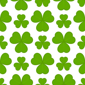 Vector illustration of shamrock seamless pattern on white background. Saint Patricks Day symbol in flat style. Green clover icon for Irish holiday.
