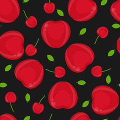 Fototapeta na wymiar Seamless pattern with cherry. Fruit on black background. Vector illustration of berries.