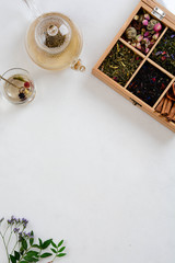 Still life with tea cup on white background. Top view