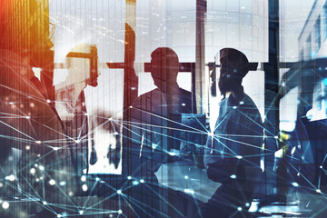 Businessmen that work together in office with network connection effect. Concept of teamwork and...