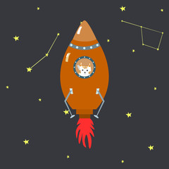 Orange space ship with cute ginger cat doodle style with constellation vector illustration