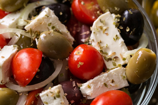 vegetarian salad with tomatoes, feta, olives and fresh vegetables.